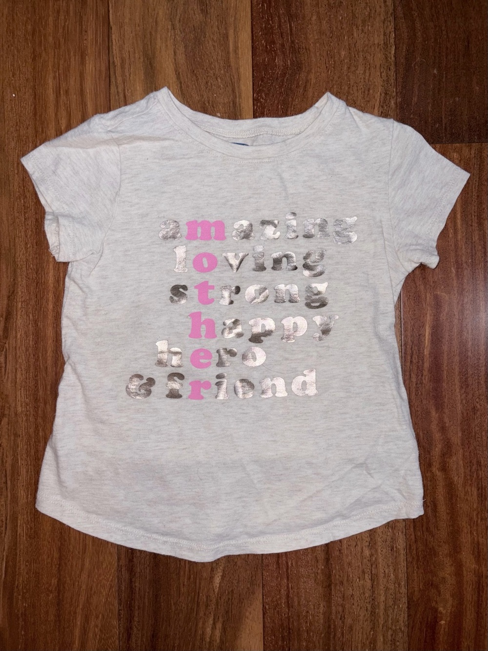 Old Navy Light beige Mother Short Sleeve Tee with Metallic Silver and Pink Text